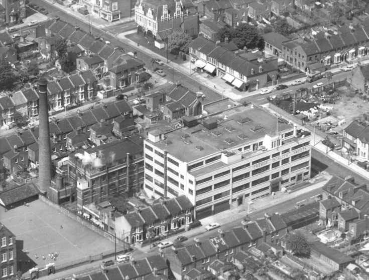 An aerial view of the Trebor factory in Forest Gate.