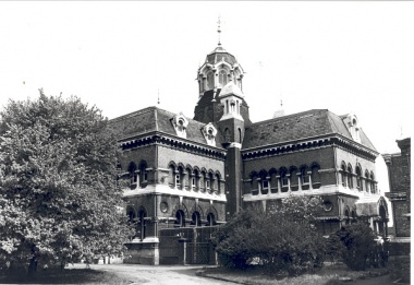 Black and white photo of building called Abbey Mills Pumping Station 1978 Courtesy London Borough of Newham Library and Archive