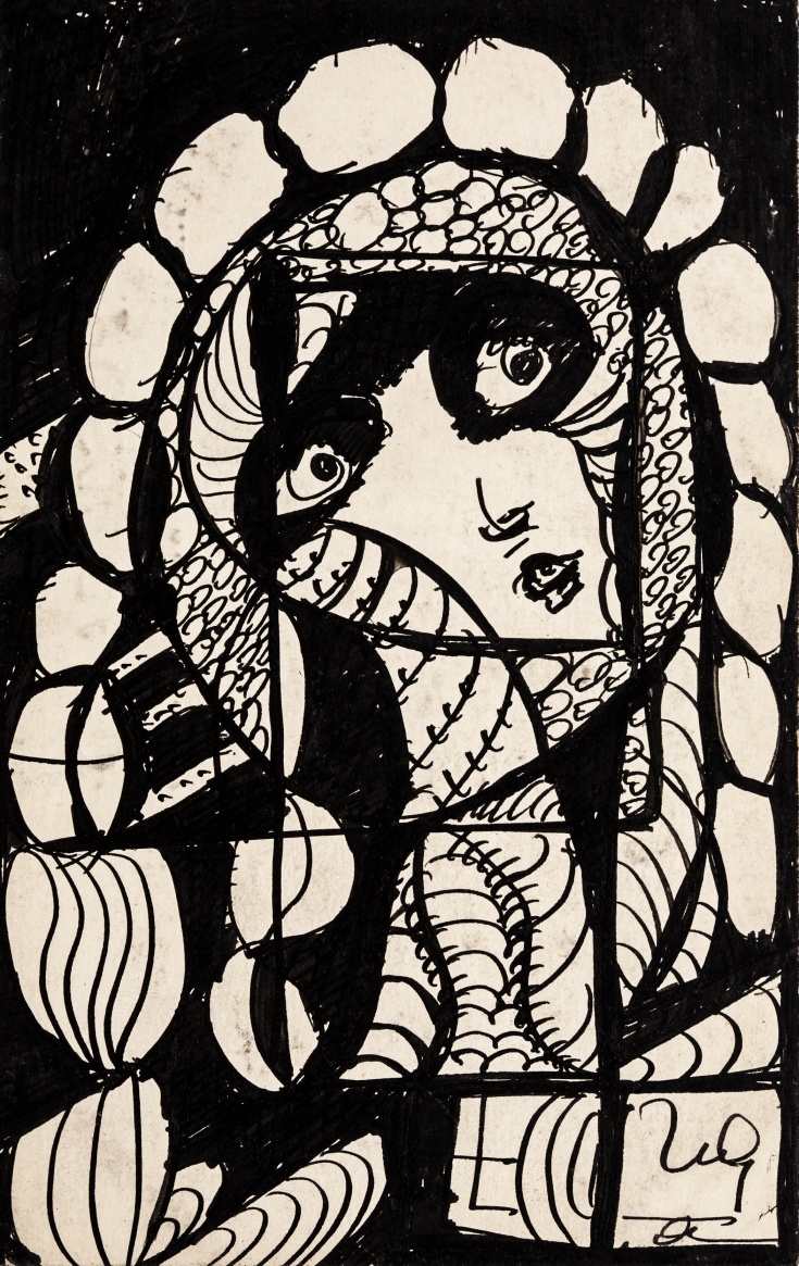 Black and white drawing of face