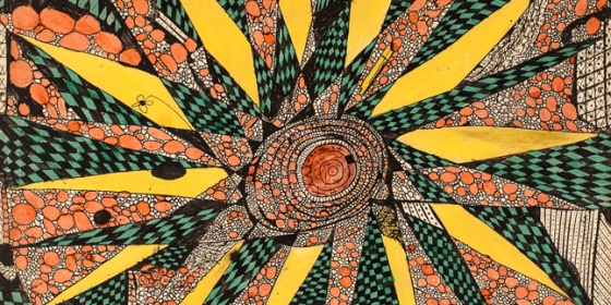 Colourful abstract drawing, yellow star and geometric meticulous pen and ink filling whole page