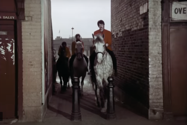 The Beatles riding horses up Cullum Street onto Angel Lane between T.S. Daley greengrocer and P.C. Letts garment shop in the Penny Lane music video, 1963.