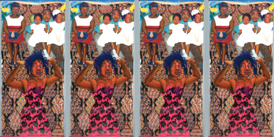Painting depicting a woman holding on to a family
