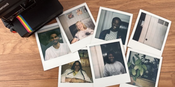 he Polaroid camera left in Rhiannon’s flat by previous residents, alongside photographs taken of some of the neighbours who have contributed to the project