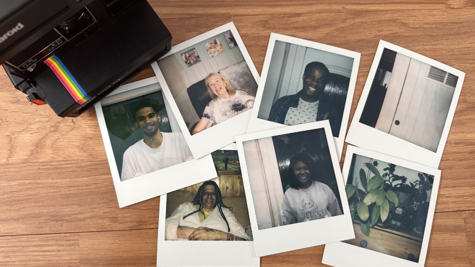 he Polaroid camera left in Rhiannon’s flat by previous residents, alongside photographs taken of some of the neighbours who have contributed to the project