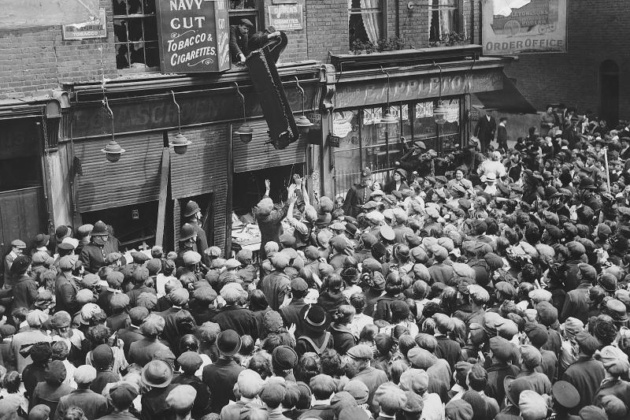 Furniture thrown from windows in Crisp Street, London during an anti-German riot.